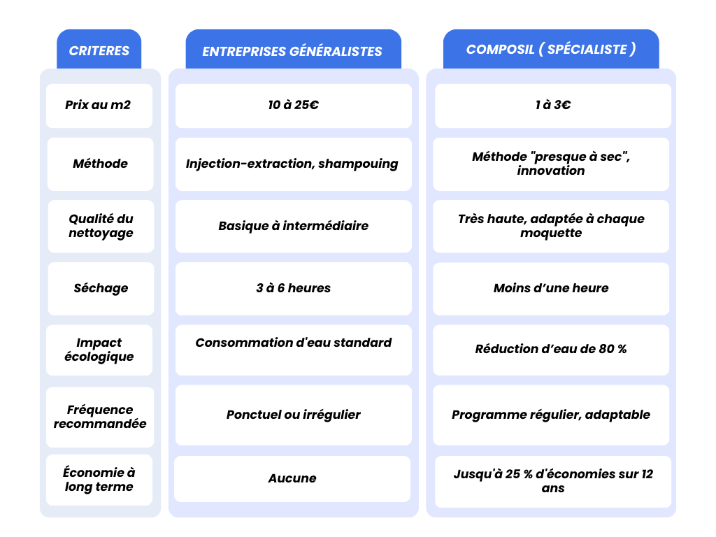 Comparatif nettoyage de moquette généraliste et spécialiste